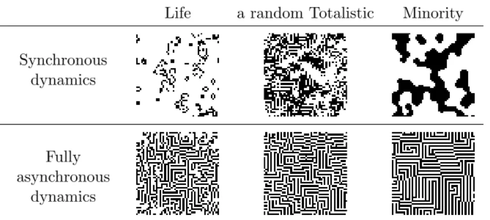 Figure 1: Some examples of 2D cellular automata where similar stripes emerge in asyn- asyn-chronous regime even if their synasyn-chronous behavior differ drastically.