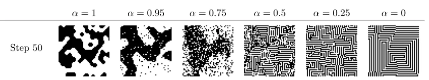 Figure 2: 2D Minority under different α-asynchronous dynamics with N = 50 × 50 cells.