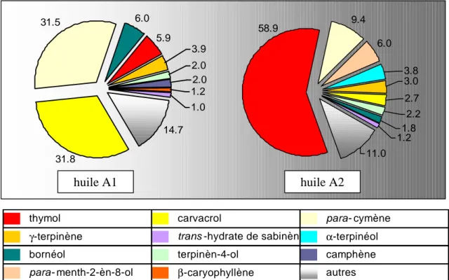 Graphique 18 : répartition en % des principaux composés   des huiles essentielles de  O