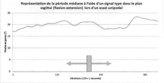 Figure 5. Représentation de la  période médiane  à  l'aide d'un  signal type dans le  plan sagittal (flexion-extension)  lors de la  période totale de maintien en  appui  unipodal 