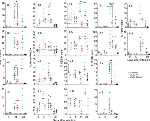 Fig. 7 Analysis of T-cell responses in SLO. The percentage of CD8 + and CD4 + T cells in MLNs (L) and spleen (S) expressing KI67, Annexin V and 7AAD (Ann/7AAD), CD95, GrzB, or perforin (Perfo) is presented in control (black dots), AV-infected (blue dots), 