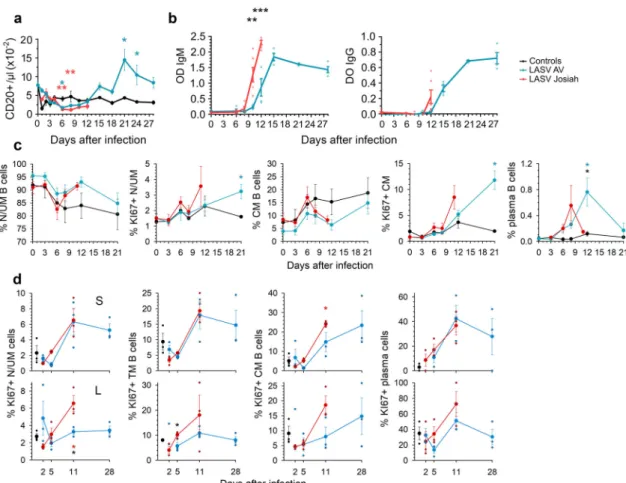 Fig. 5 Analysis of B-cell responses after LASV challenge. a The number of B cells (CD20 + ) in the blood is presented according to the time after LASV infection