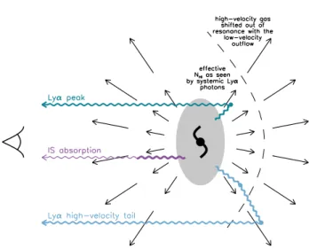 Figure 11. Schematic picture of the outflows, and Lyα and in- in-terstellar absorption features in the z = 4.88 arc