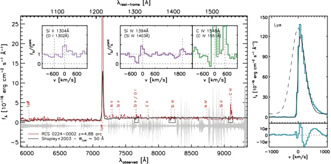 Figure 2. Left panel: The MUSE one-dimensional spectrum extracted over the stellar continuum of the z = 4.88 arc (red line), smoothed with a Gaussian filter with σ = 3 ˚ A (the grey filled region shows the sky spectrum, offset from the spectrum for clarity