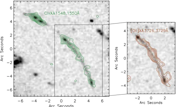 Figure 7. The spatial distribution of the C iv emission lines along the lensed galaxy images 1, 2 and 3 of the z = 4.88 arc (green contours, left panel), compared to the [O ii] distribution over the lensed images 2 and 3 from the SINFONI data (S07, brown c
