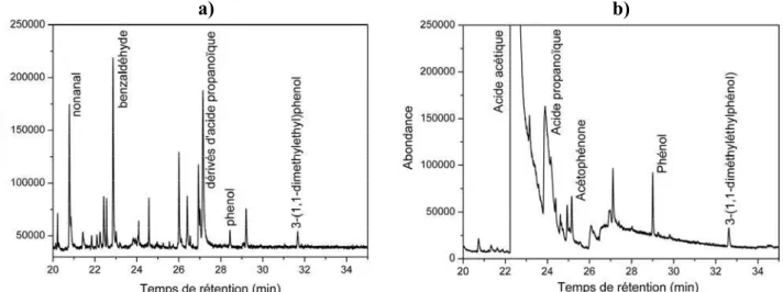 Figure 3.2. Chromatogrammes de la phase gazeuse de flacons hermétiques contenant du polycarbonate    a) avant irradiation, b) irradiés en SEPAP 12/24 pendant 400h 