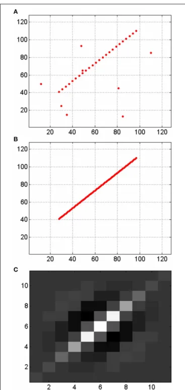 FIGURE 13 | Illustration of enhancing edges and noise reduction by a Gabor filter. (A) Input events representing a discontinuous edge with noise