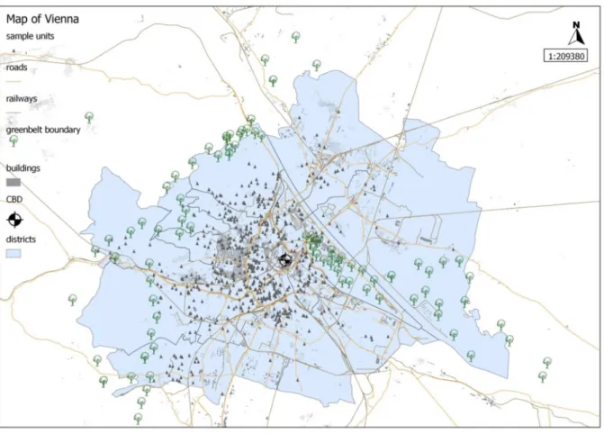 Fig 1. The greenbelt boundary and the CBD with the sample apartment units within the city of Vienna
