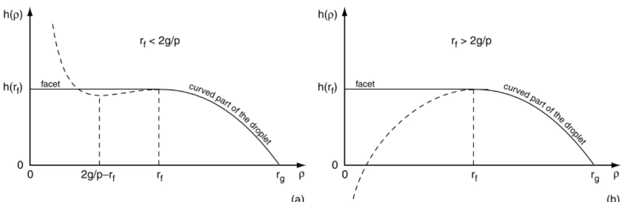 Fig. 3. Typical plots of the function h(ρ) when g/p &lt; r f &lt; 2g/p (a) and r f &gt; 2g/p (b)