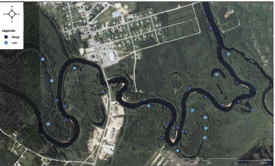 Figure B.l  Distribution  des  stations  d'échantillonnage  dans  le  secteur  amont .du  barrage  sur  la  rivière  Matawin  (QC,  Canada)  à l'été 2010 