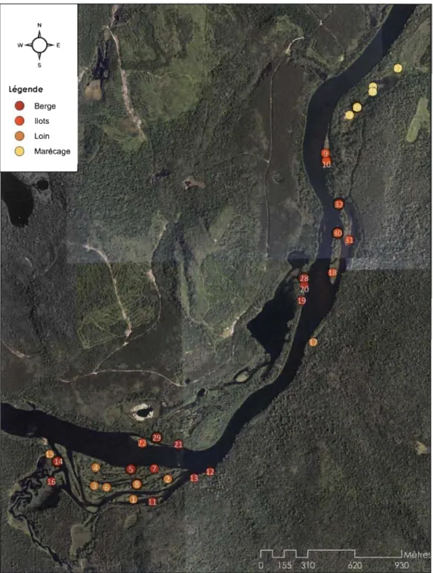 Figure B.2  Distribution  des  stations  d'échantillonnage  dans  le  secteur  amont  du  barrage sur la rivière Matawin (QC, Canada) à l' été 2010
