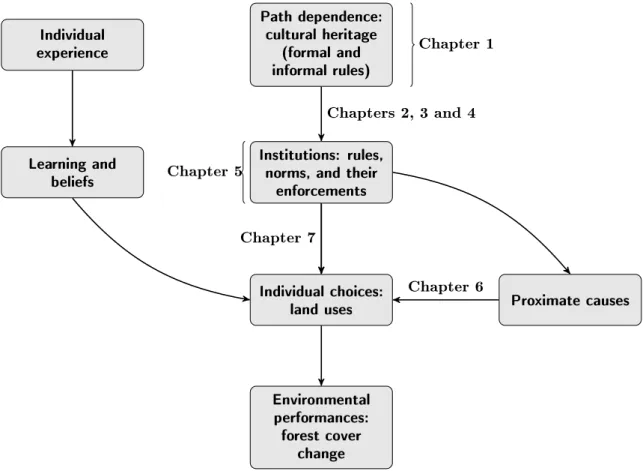 Figure 3: Sum up of the thesis: heritage, institutions and deforestation Path dependence: cultural heritage (formal and informal rules)Individualexperience Learning and beliefs Institutions: rules,norms, and their