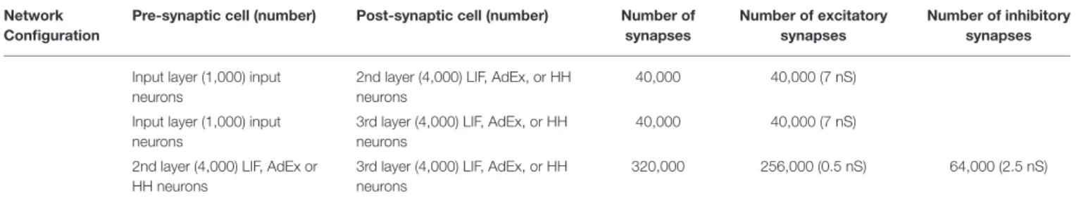 TABLE 3 | Summary of cells and synapses implemented for parameter analysis experiment (accuracy and performance).