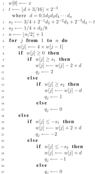 Figure 4: Radix-4 SRT division algorithm with digit set {−2, . . . , 2} for single precision ( n = 24 ) and one may check that s 1 is exactly the “staircase” that belongs to the upper overlap region of the P-D diagram in Fig