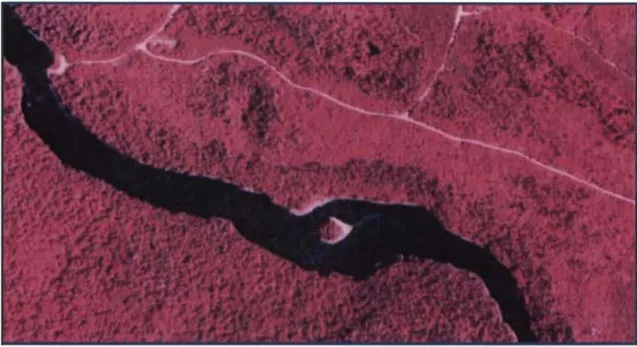 Figure 2.4  Vue  aérienne  de  l'îlot  A  situé  à  48  km  du  barrage  de  Matawin  (photo  prise en 1996)
