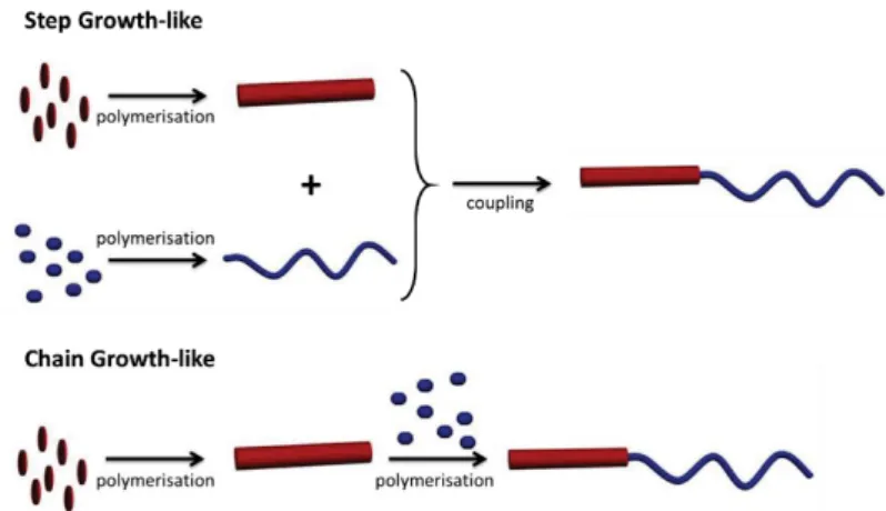 Figure 2.6. Step and chain grow-like synthetic approaches for the preparation of block copolymers