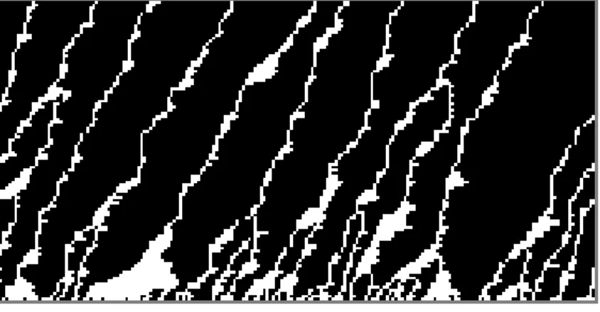 Figure 5: Space-time diagram of the “exponential” rule BCEF . The non-connexity of patterns of 1’s are an artifact of the conventions of representations (see ﬁgure 2).