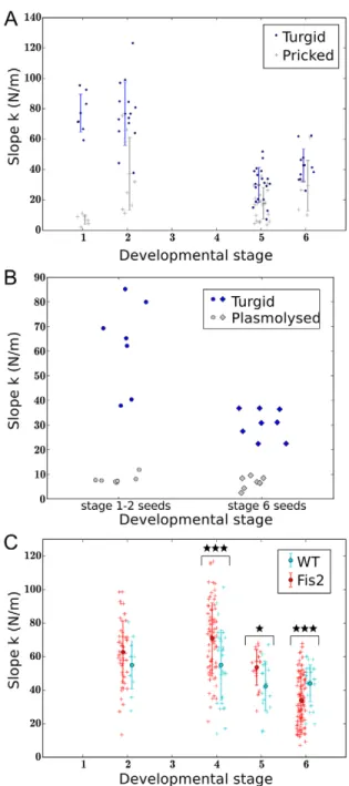 Fig. S2C). By contrast, seed puncture at later stages does not lead to a significant decrease in seed stiffness, although plasmolysis leads to a significant softening (Fig