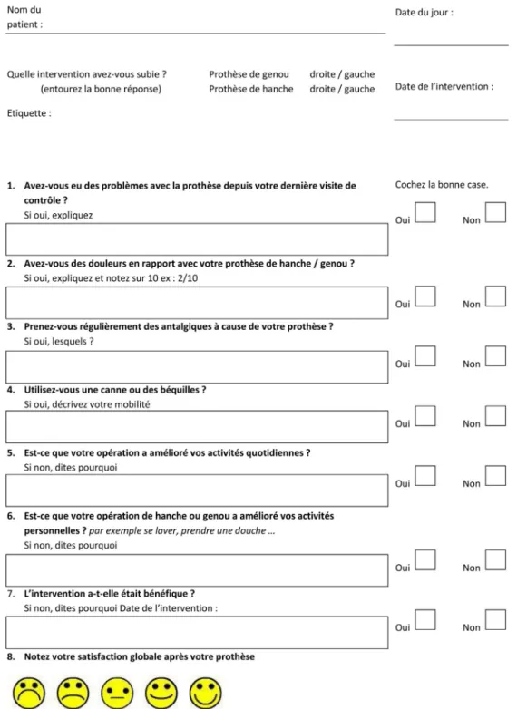 Fig. 1. French version of total arthroplasty patient follow-up questionnaire.