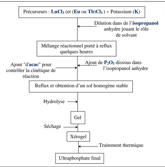 Figure II-1: Schéma du protocole de synthèse pour l’élaboration par voie sol-gel   des ultraphosphates de formulation LnP 5 O 14  (non dopés et dopés)