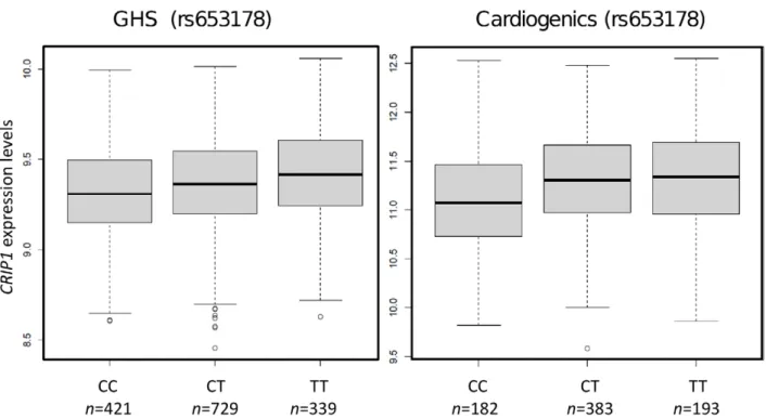 Figure 3. Box plots showing the association of rs653178 at locus 12q24 ( SH2B3 ) with CRIP1 expression in GHS and Cardiogenics.
