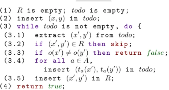 Figure 1. Naive algorithm for checking the equivalence of states x and y of a DFA (S, o, t); R and todo are sets of pairs of states.