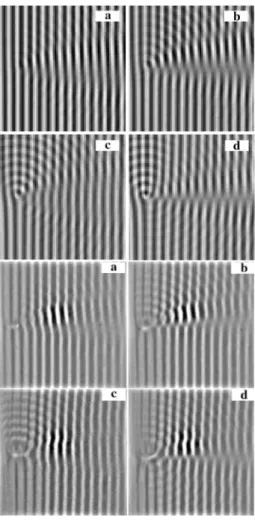 FIG. 2. Surface elevation for water waves scattered by a vertical vortex. Theory, upper panel, and experiment, lower panel