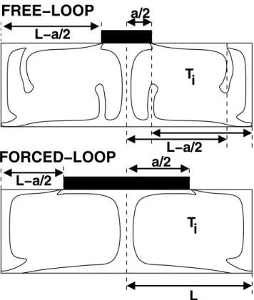 Figure 7. (left) Horizontal profiles of temporally averaged vertical velocity at middepth at Ra = 10 6 under a perfectly insulating continent of variable width and (right) snapshots of the corresponding temperature fields