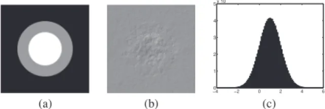 Fig. 1. Synthetic data. (a) Piecewise constant H¨older exponent mask (H 1 , H 2 , H 3 ) = (0.25, 0.50, 0.75), (b) Sample field, and (c) Corresponding histogram of the pixel values.