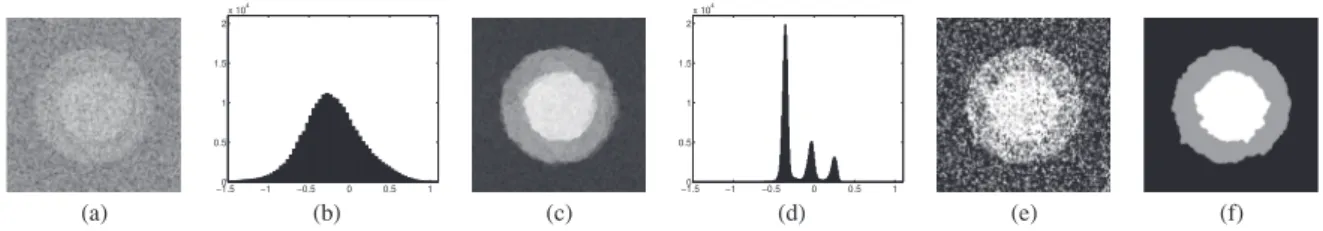 Fig. 2. Wavelet coefficient segmentation. (a) Estimate b h d , (b) Histogram of b h d , (c) b h ∗ d , (d) Histogram of b h ∗ d , (e) Segmentation based on thresholding of bh ∗ d , and (f) Labeling function u obtained from proximal segmentation with f = bh 