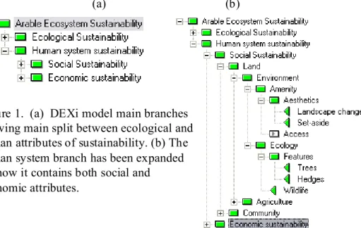 Figure 1.  (a)  DEXi model main branches showing main split between ecological and human attributes of sustainability