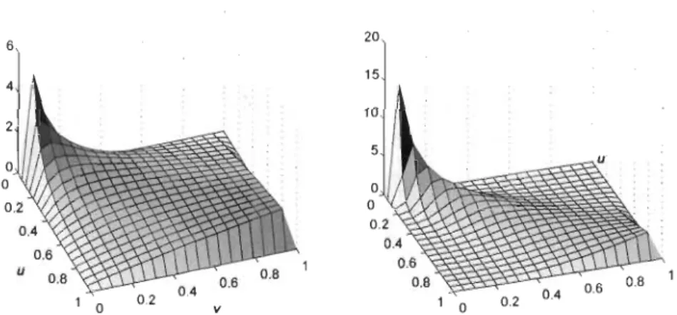 FIGURE  4.3:  Densités de la copule de  Clayton pour  B  =  1  (à  gauche)  et ()  =  3  (à droite) 