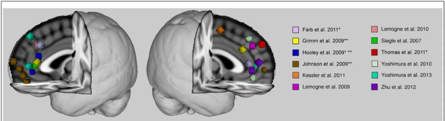 FIGURE 1 | Anterior cortical midline findings of previous studies reporting self-related abnormalities in depression
