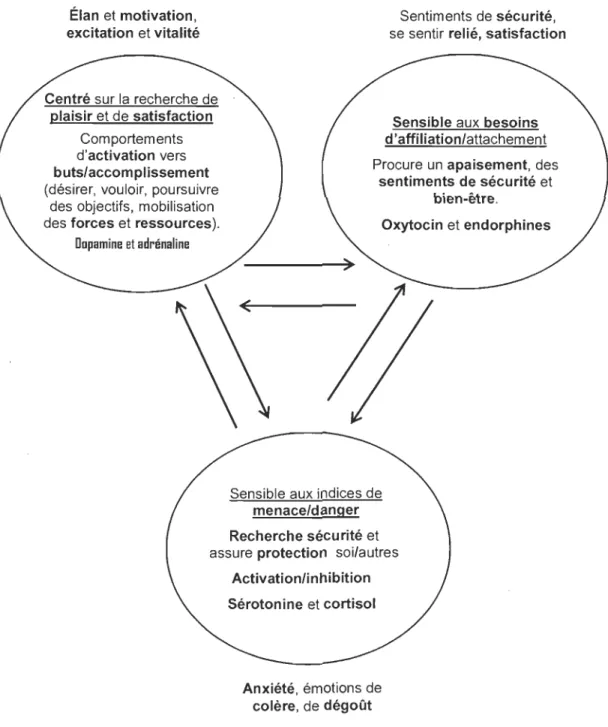 Figure  3.  Trois  principaux  systèmes  de  régulation  affective  et  leurs  interactions:  le  système  motivation  /  plaisir,  affiliation  1  attachement,  protection  /  menace