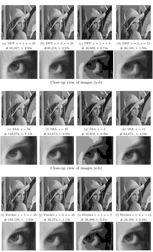 Fig. 8. Experiments of the proposed level set based method on the Lena image with three polygonalization algorithms: (a-d) dominant points (DPP), (e-h) digital level layers with line primitive (DLL) and (i-l) Fréchet distance based
