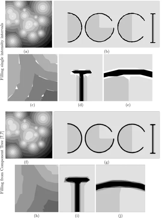 Fig. 3. Comparisons of the quality of the two reconstructions types: single intensity interval (a-e) and component tree based (f-j)