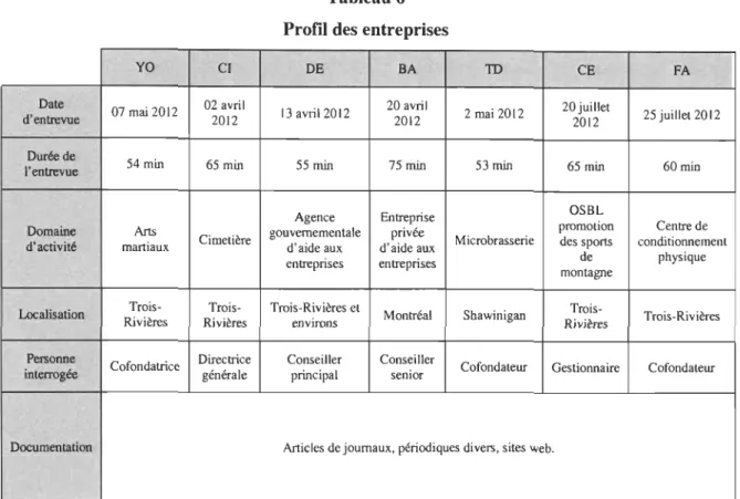 Tableau 6  Profil des entreprises 