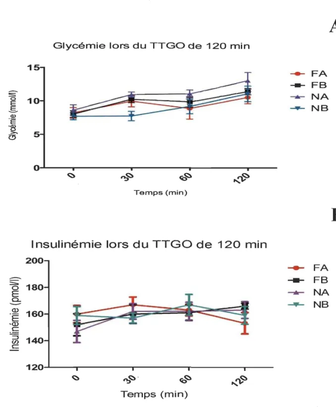 Figure 8 : Glycémie (A) et insulinémie (B) obtenues lors du test de tolérance au glucose  oral de  120 minutes (Moyenne± SEM)_ 