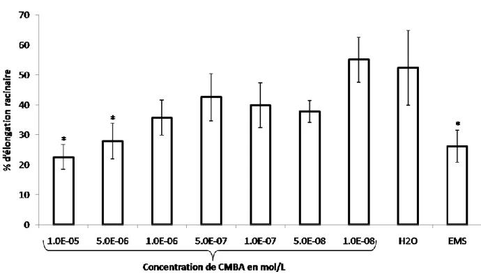 Figure 8. Mesure de l’élongation racinaire en fonction des concentrations en CMBA (mol/L)