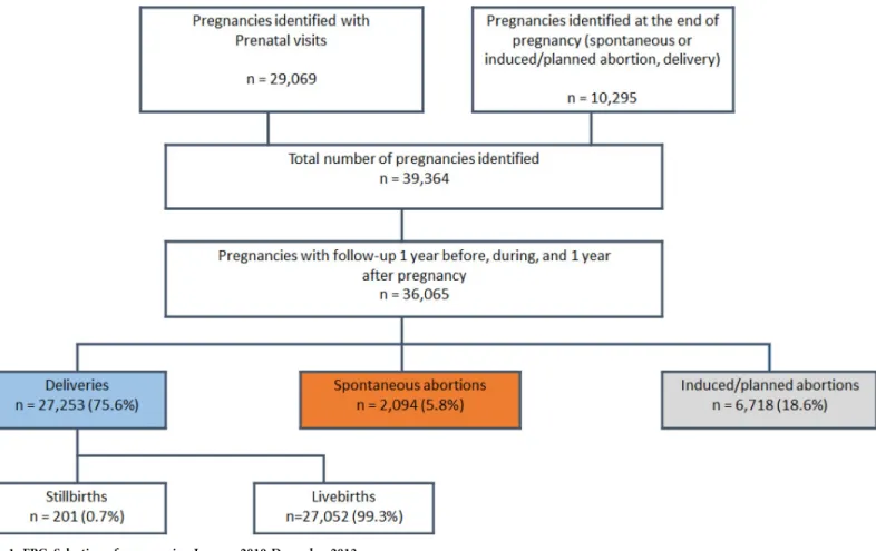 Fig 1 summarizes the construction of the FPC. For the period 2010–2013, the FPC is com- com-prised of 36,065 pregnancies with complete follow-up data in the year before, during, and the year after pregnancy