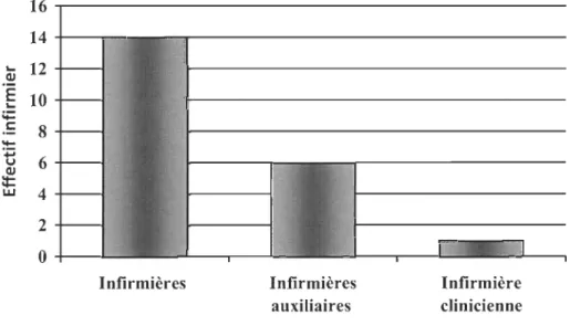 Graphique  1: Répartition du personnel infirmier selon le titre d'emploi  16  14  ...  12  Q.I  &#34;e  ..