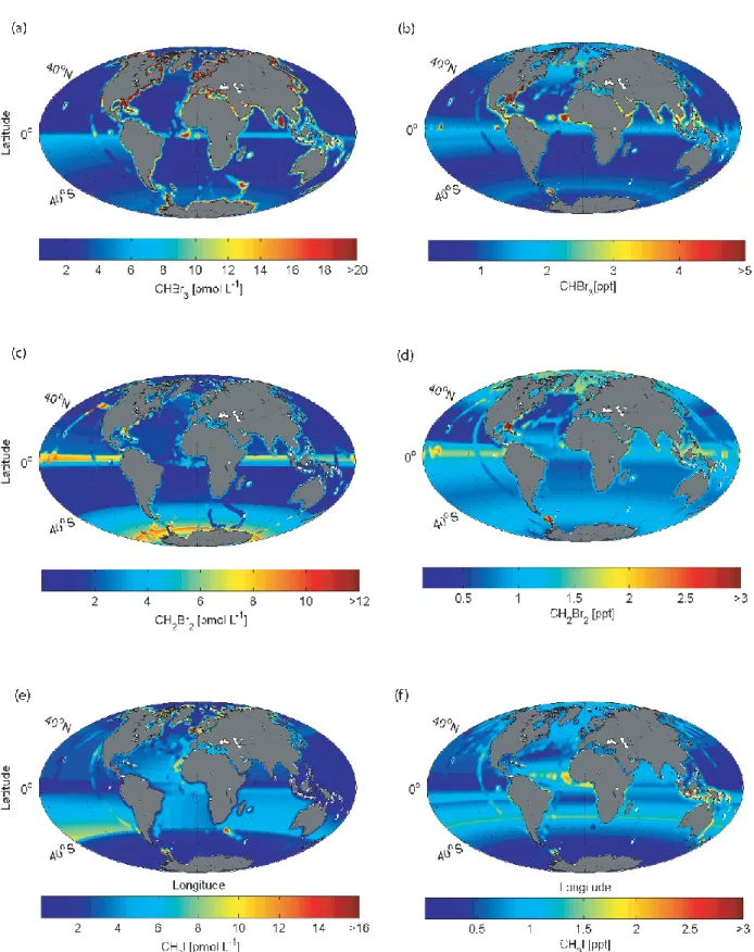 Fig. 4. Global maps of marine concentrations (pmol L −1 ) and atmospheric mixing ratios (ppt) for bromoform (a, b), dibromomethane (c, d) and methyl iodide (e, f) based on the robust fit (RF) regression analyses