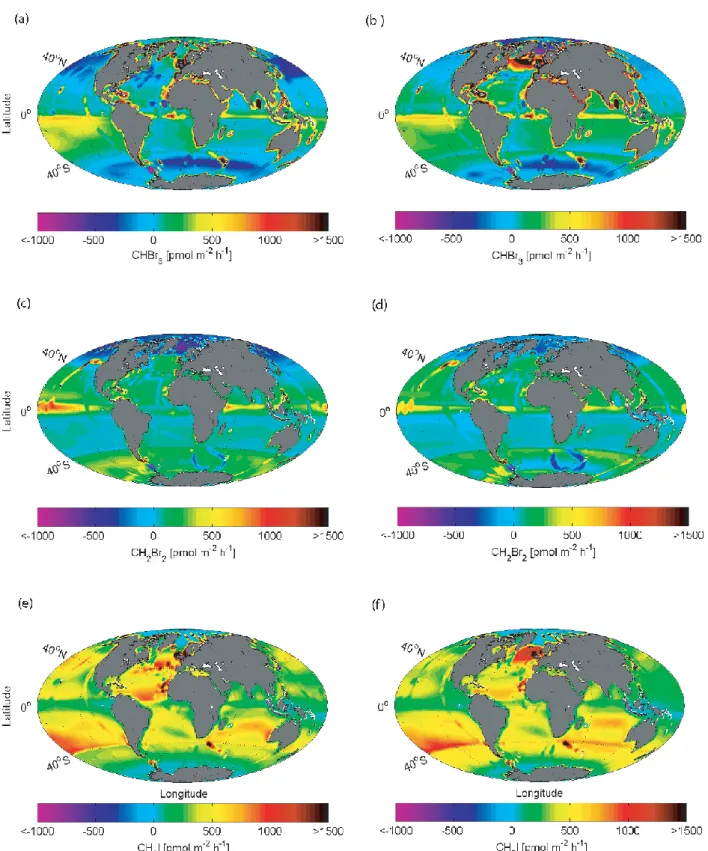 Fig. 5. Global sea-to-air flux climatology of bromoform (a, b), dibromomethane (c, d) and methyl iodide (e, f) in pmol m −2 h −1 based on the RF (a, c, e, left column) and OLS (b, d, f, right column) analyses.