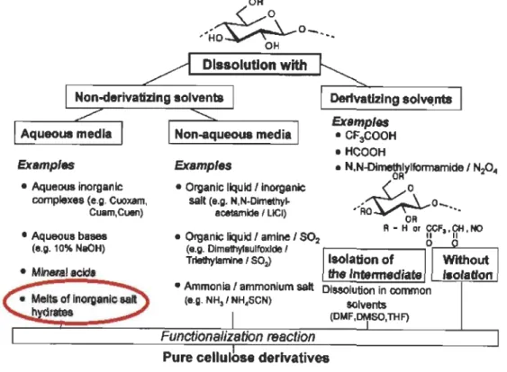 Figure 2.2  Milieux  solvants  pour  la  dissolution  et  la  modification  de  la  cellu- cellu-lose [3] 