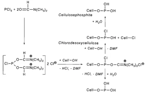 Figure 2.7  H  OH  Cell-O-P-OH 1 Cellulosephosphite + H20 l CI  Cell-O-P-OH + Cell-CI 1 Chlorodesoxycellulose r + Cell-OH 