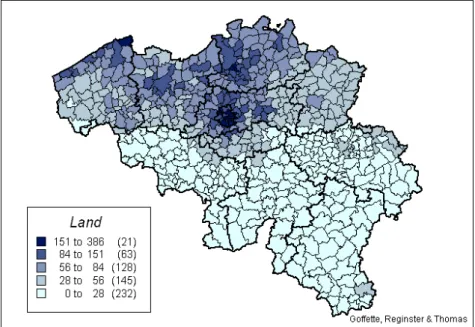 Figure 1: Average price (in €1,000) of one square metre of land in 1999–2001 (Land).  