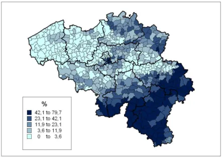 Figure 2: Percentage of 250m square cells in each commune that are covered with forest  (noted Forest)
