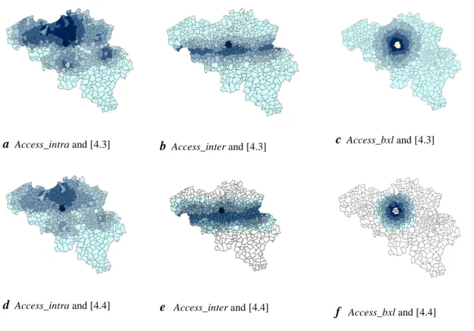 Figure 4: The accessibility spatial structures for different distance-decay functions and border  effects (legend has been removed to improve legibility)  