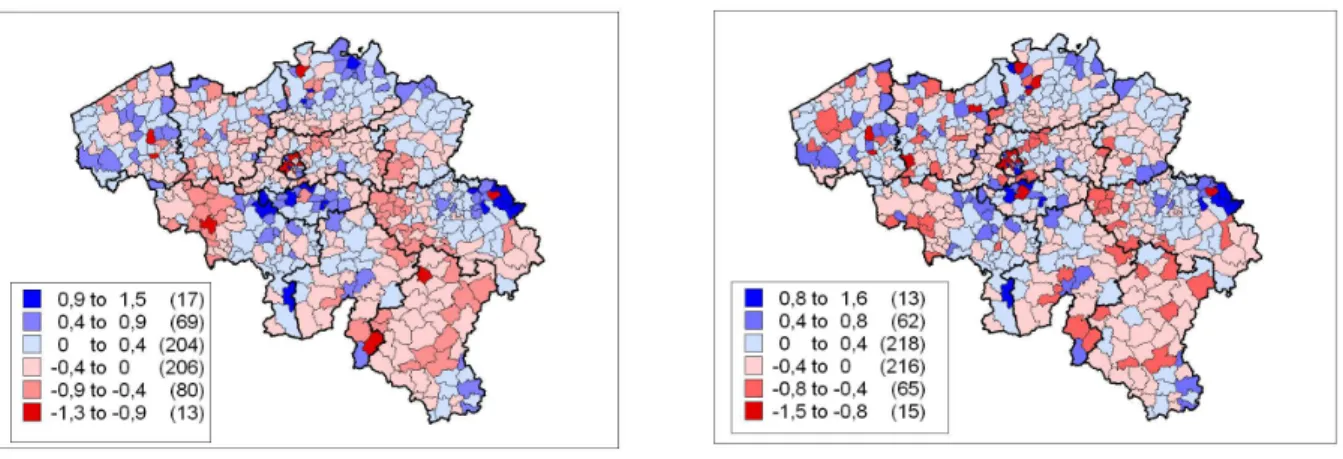 Figure  5  compares  the  OLS  and  LAG  residuals.  Whereas  the  spatial  pattern  of  the  OLS  residuals  is  visible,  there  is  no  clear  spatial  pattern  for  the  LAG  residuals,  although  the  Moran's I shows a low negative spatial association