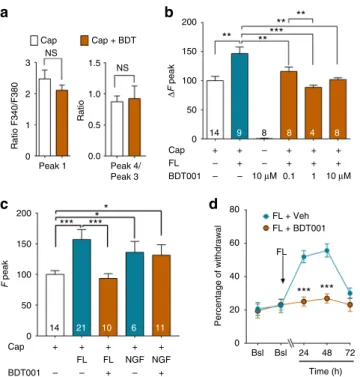 Fig. 7 BDT001 inhibited FL-induced TRPV1 potentiation in DRG neurons in vitro and FL- induced pain symptoms in vivo